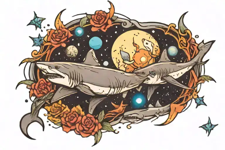 Space With The Moon And Sharks