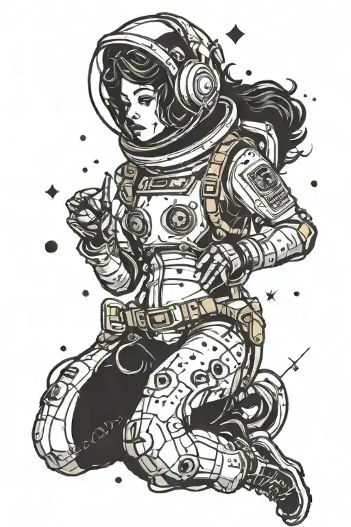 Goth Woman In Space Wearing Space Suit With Tattoos On Her Stars And Dots Around