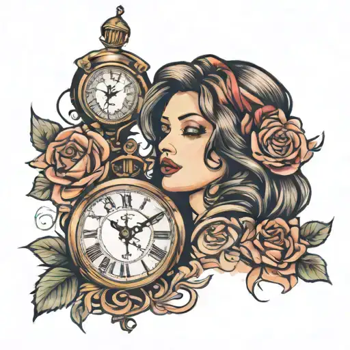 Time Woman And Clock And Roses