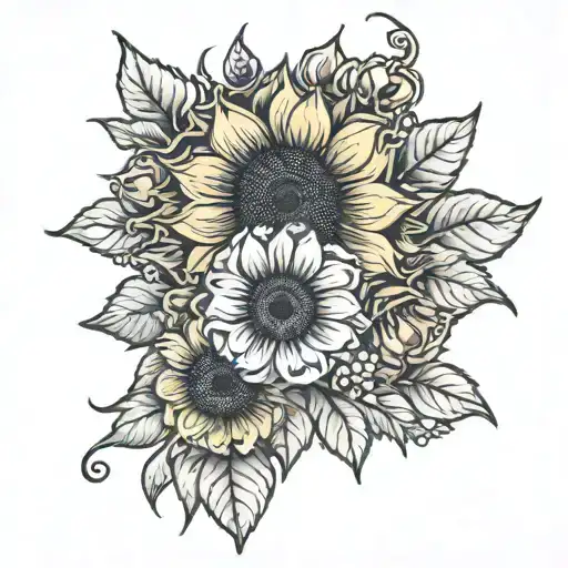 Sunflower With One Violet Flower And One Rose And One Larkspur