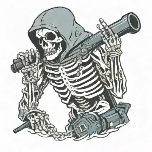 Skeleton Wearing A Hoodie And Bulletproof Vest Holding A Police Baton And Riot Shield
