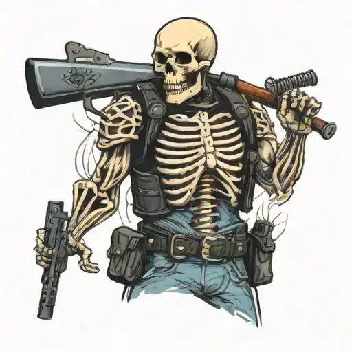 Skeleton Wearing A Bulletproof Vest Holding A Police Baton And Riot Shield