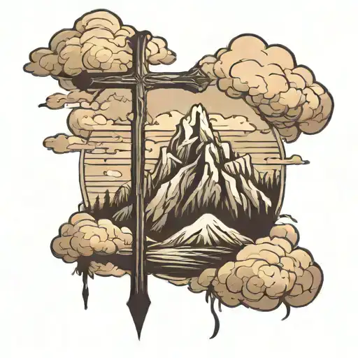 Mountain With Cross On Top With Clouds