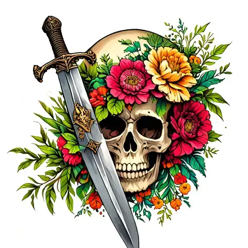 Skull With Sword Going Through It With Flowers And Plants Growing From Skull