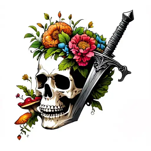 Sword Piercing Through Skull With Flowers And Plants And Mushrooms Growing From Skull