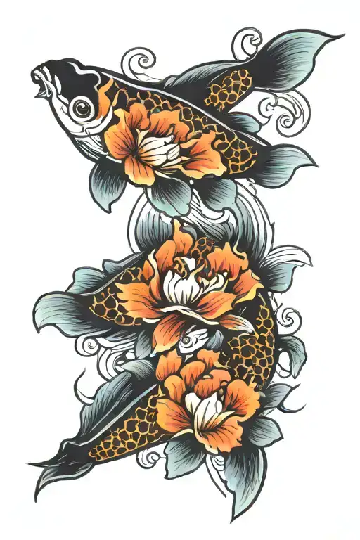 Cartoon Flowers Koi Fishes
