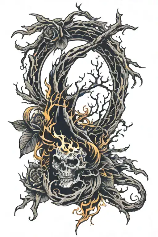 Black Flames And Branches Coming Off Left Arm Sleeve And Shoulder