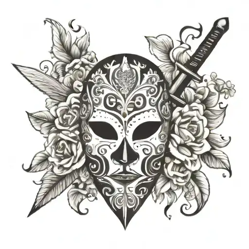 Black And White Uni Mask With Sword And Flowers
