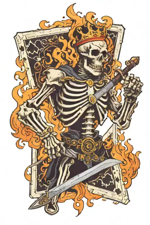 A Skeleton On Fire With A Two-handed Sword And An Upside-down King In A Playing Card