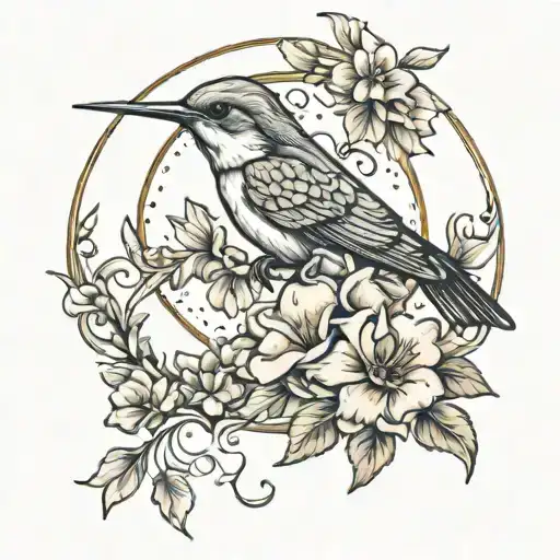 Crescent Moon With Hummingbird And Flowers