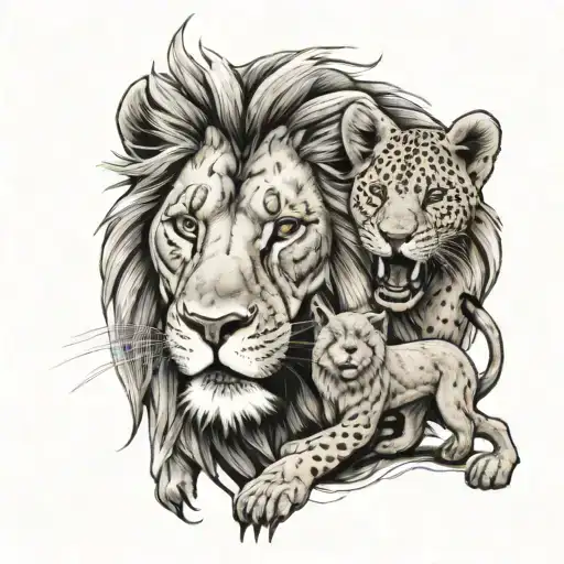 Black And Gray Tattoo Of A Lion Protecting Lioness And Cub From Hyena Attack