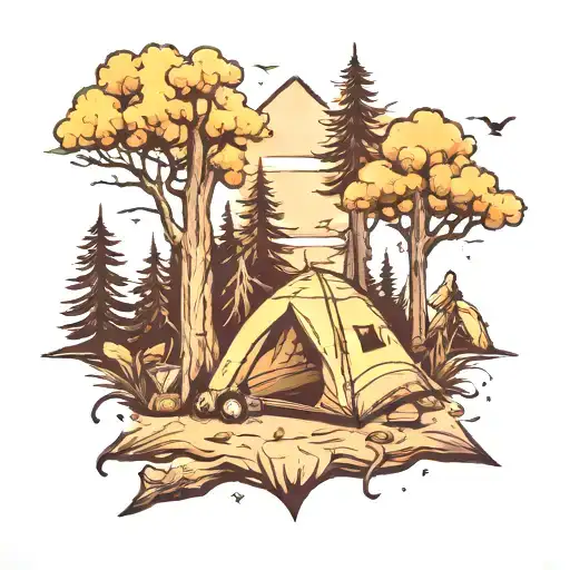 Camping Scene With Tent And Trees