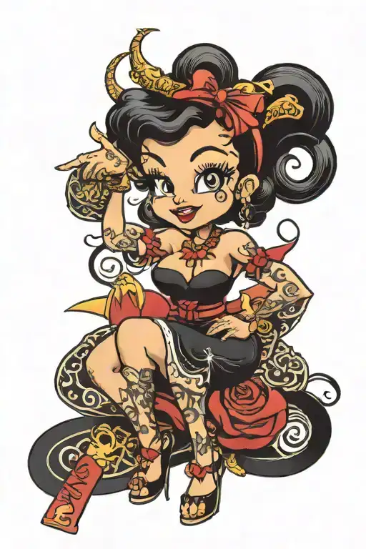 Curvy Betty Boop Shaka Sign Wearing Stockings And A Black Dress
