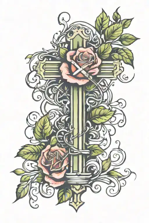 Cross With Rose And Vines Wrapped Round Forearm