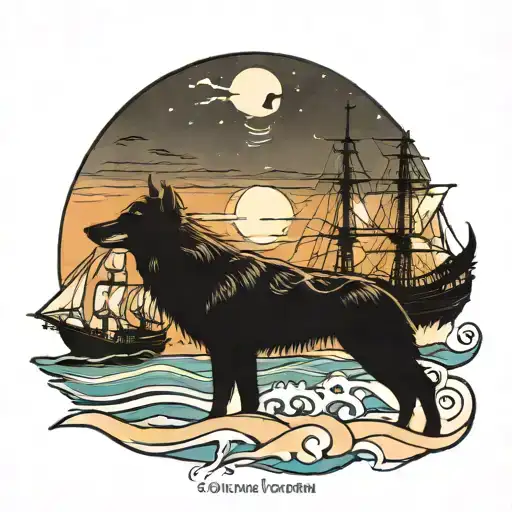 Wolf On Beach At Night With Pirate Ship In The Sea
