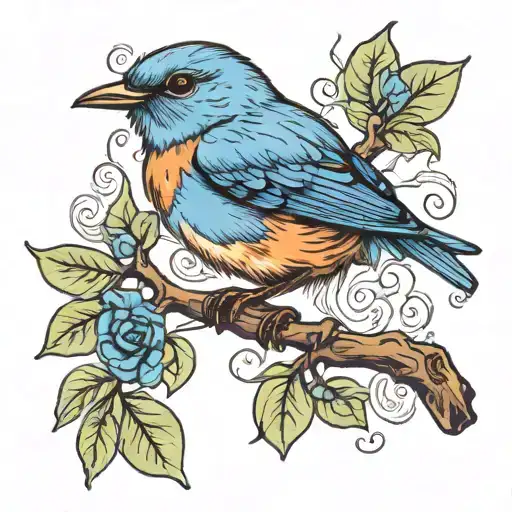 Small Blue Bird Sitting On A Branch With Flowers Intertwined