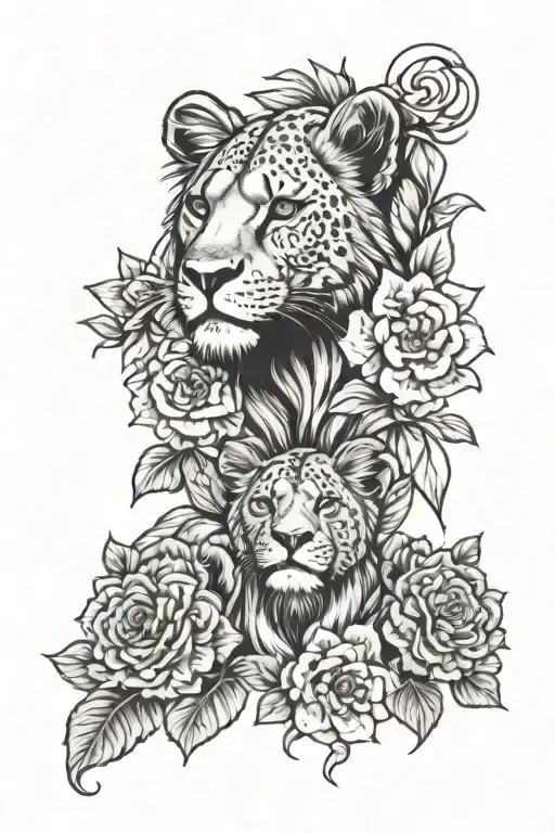 Draw Me A Lioness With Her Three Lion Cubs Buried In Hibiscus Flowers