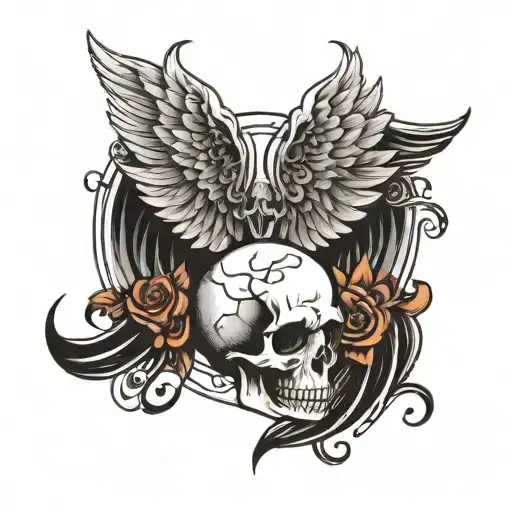 A Design With Angel Wings And A Skull In The Middle In Black And White