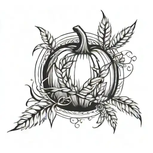 A Pumpkin And Sprigs Of Wheat Around It Black And White Semi Detailed