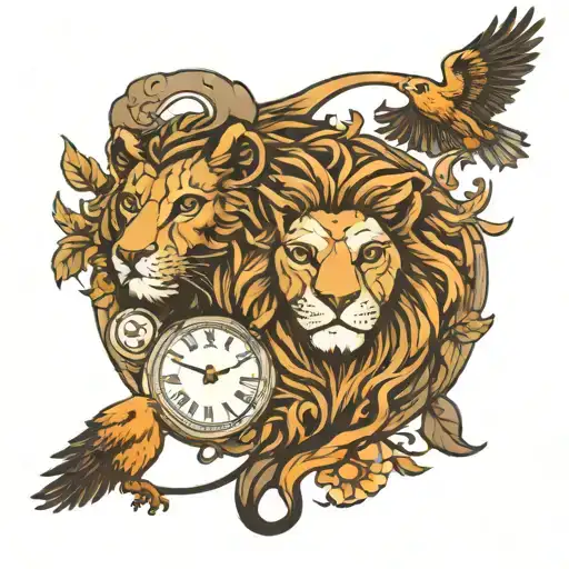 Lion And Owl Tatoo With A Clock Face
