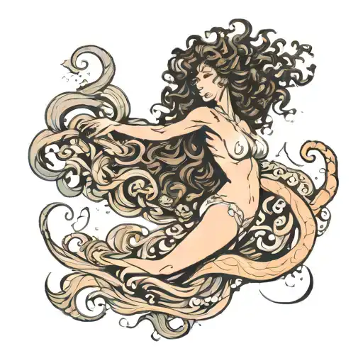 Beautiful Woman Floating On Back With Very Long Curly Hair Flowing Down