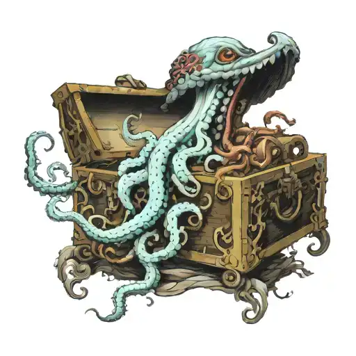 A Kraken Guarding A Chest Of Ancient Pirate Treasure