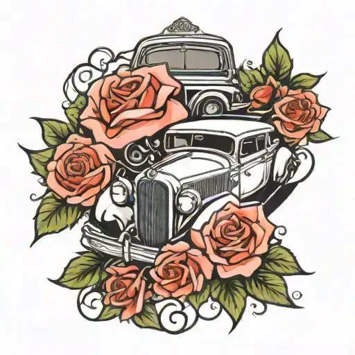 Classic Car And Rose Intertwined