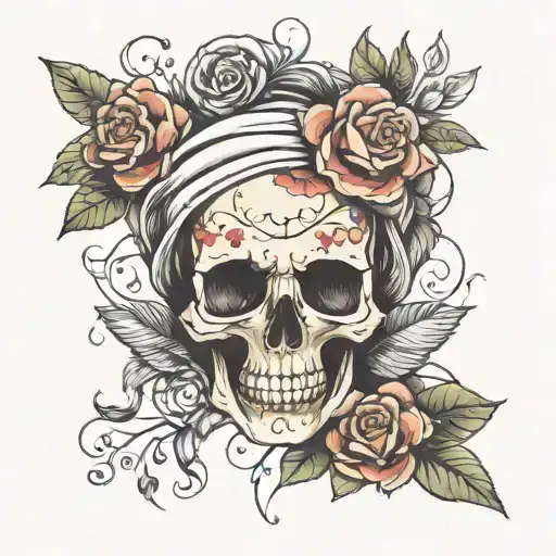 Skull An Flowers Surrounding Her Head