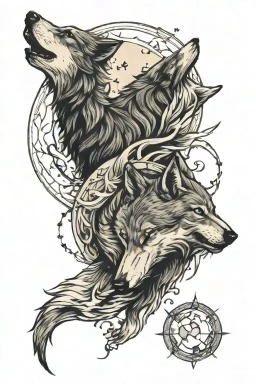 Draw Two Wolves Chasing Each Other Around The Moon And Stars