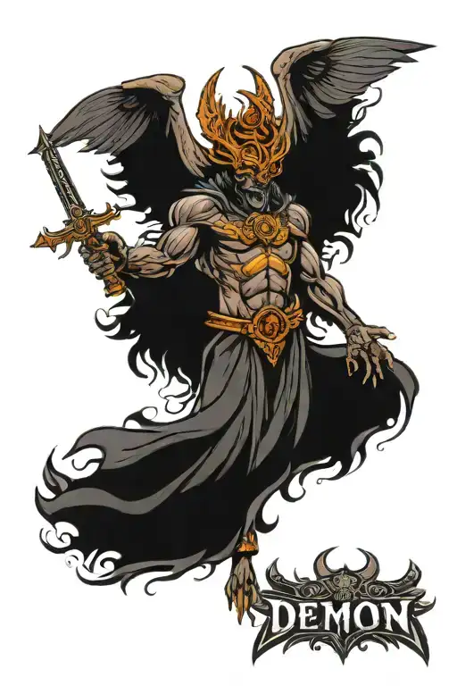 Demon God With Crown And Wings Spread Wide Open Wings Holding Weapon