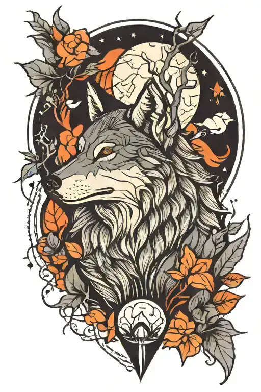 Geometric Design Incorporating Nature And Wolf Howling At The Moon