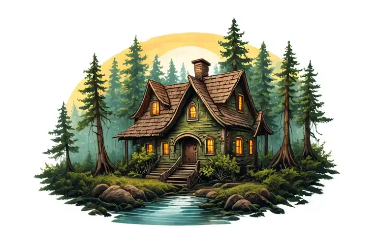 3D Tattoo Of A House In The Forest