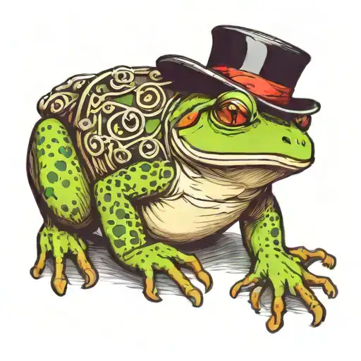 Chubby Frog Sitting Down Whit A Top Hat From A Side Angle And His Back Legs Are Like Arched