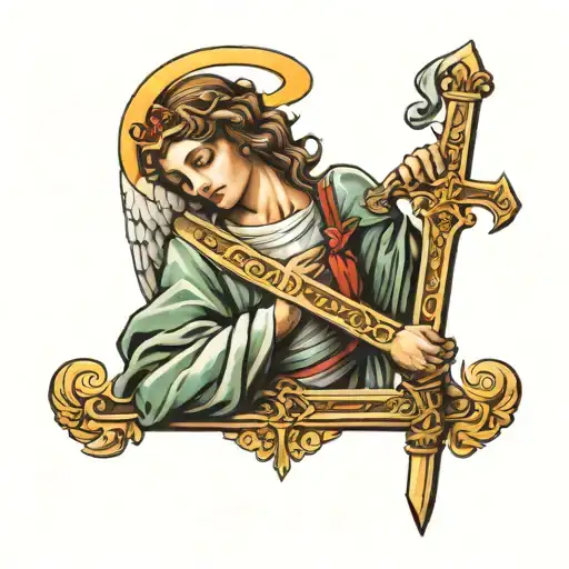 Christian Cross With Angel Holding A Sword