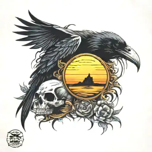 Raven Dragon Skull Sunset Sea And Sun