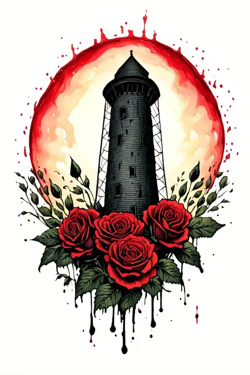 Rickety Old Dark Tower Standing In A Fiels Of Blood Res Roses