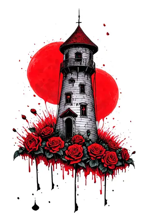 Rickety Old Creepy Tower Standing In A Field Of Blood Red Roses