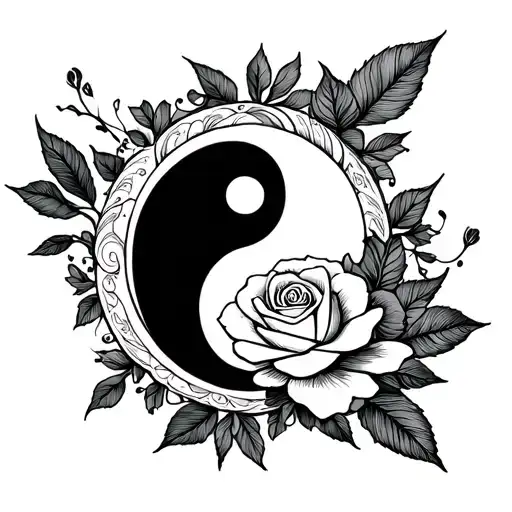 Yang Symbol With White Rose In Center Representing Yin