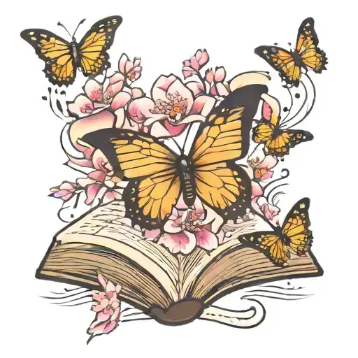 Open Book Of The Coming Out Musical Notes Sakura Flowers And Butterflies