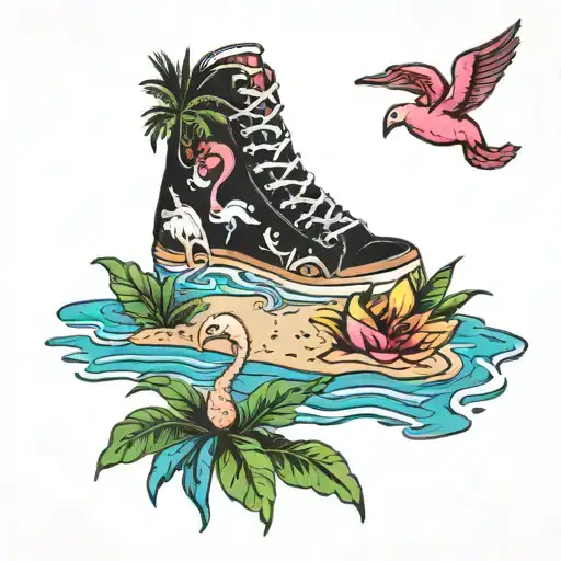 Ankle Tattoo With A Beach A Flamingo A Dolphin And Palm Trees