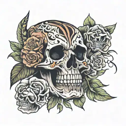 Tiger Paw With Flowers Around A Skull With Roses