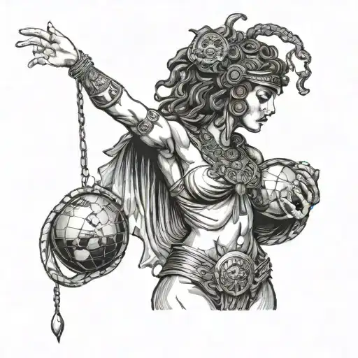 Female Atlas Carrying The World With Medusa Wearing A Blindfold And Carrying Egyptian Type Scales