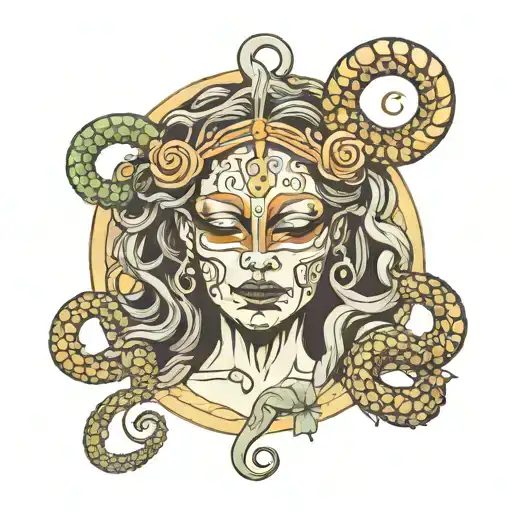 Medusa Wearing A Blindfold And Carrying A 5 Note Scale