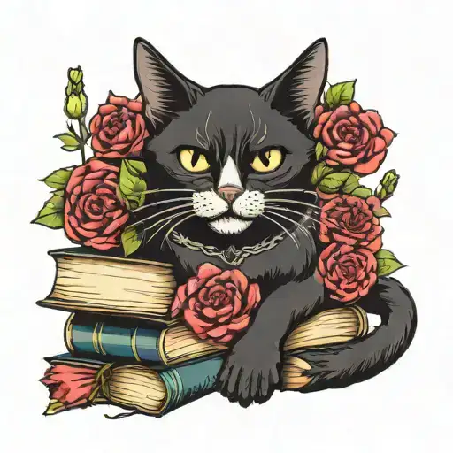 Black Cat Sitting On A Pile Of Books Skull And Flowers