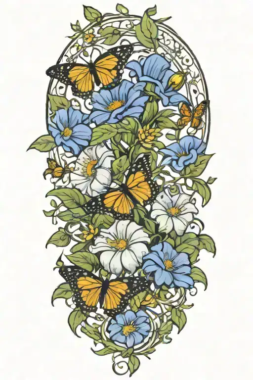 Aster And Morning Glory Vine With Butterflies And Honeybees