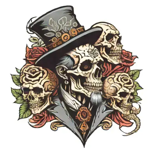 Papa Legba Holding A Boa Snake Surrounded By Skulls And Roses