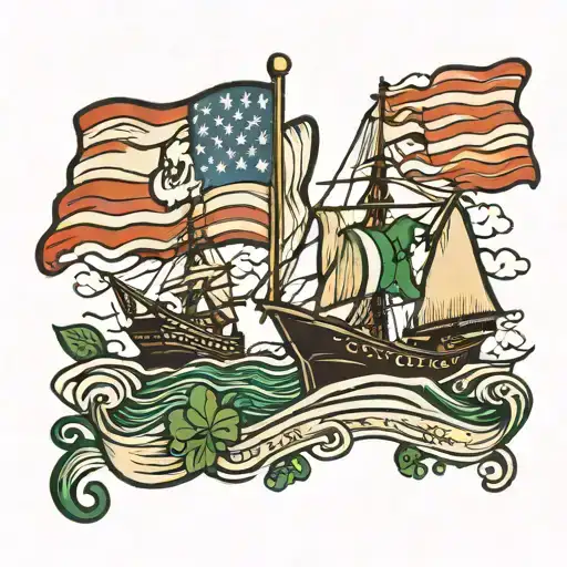 Irish Flag Waving And American Flag With A Ship Sailing