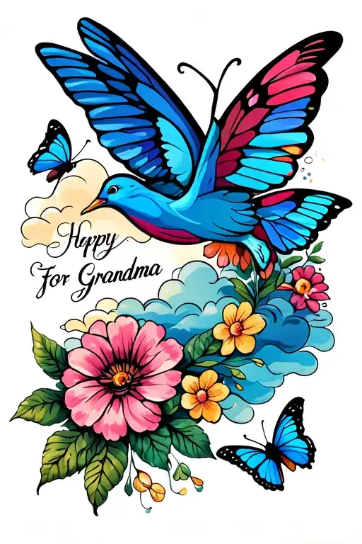 Flowers Butterfly Dove Clouds And Writing For Grandma Tribute