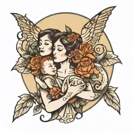 Mother With Two Sons With Flowers Moon And Cancer Zodiac