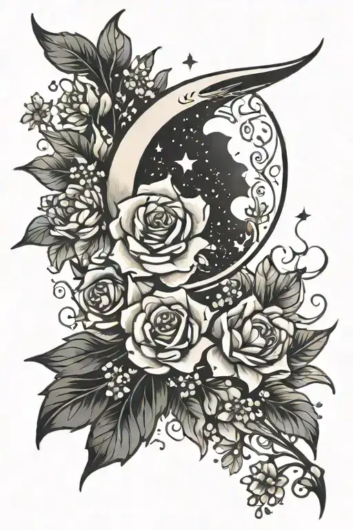 Crescent Moon With Flowers Coming